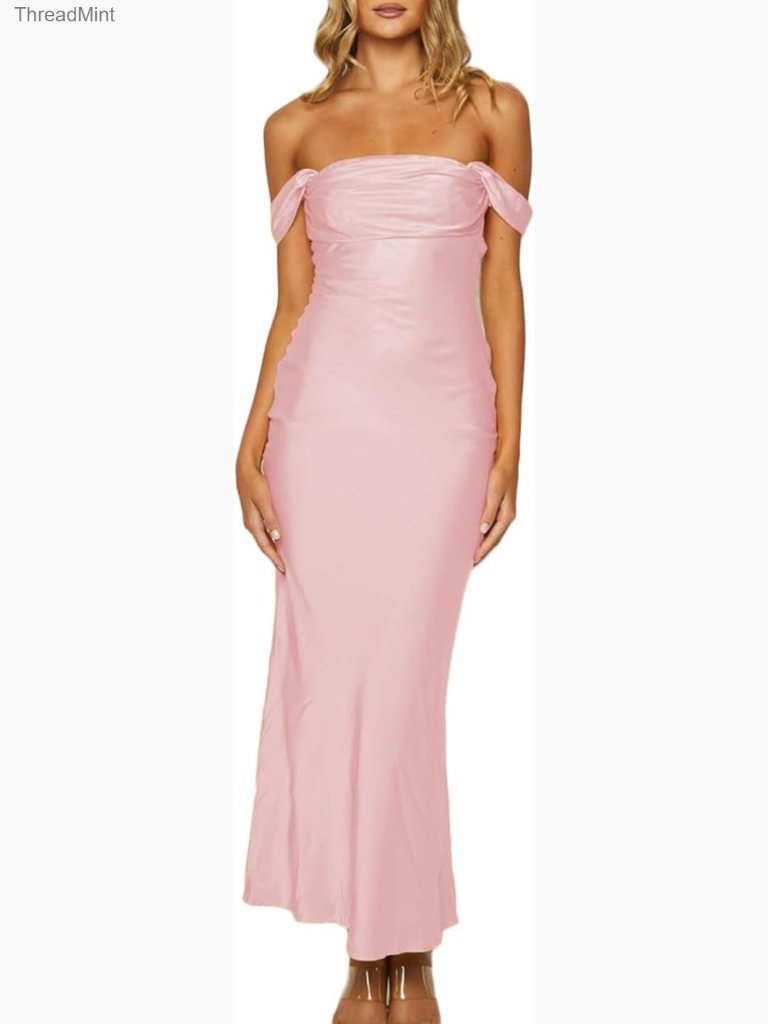 Elegant Off Shoulder Ruched Backless Maxi Dress Satin Fitted Sleeveless Formal